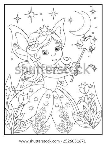 Fairy coloring page featuring a cute princess fairy waving her magic wand: children's activity books and educational materials.