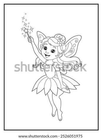 Fairy coloring page featuring a cute princess fairy waving her magic wand: children's activity books and educational materials.