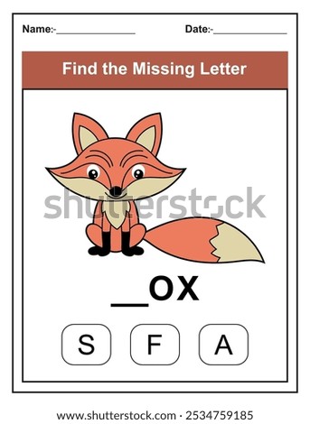 Children's worksheet with Find the Missing Letter game with a cut fox illustration. Kids fill in the missing letter from the word FOX using the provided options. Perfect for early learners.
