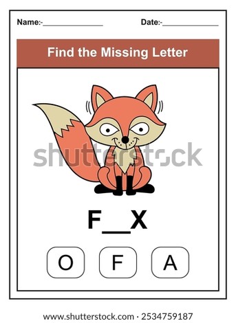 Children's worksheet with Find the Missing Letter game with a cut fox illustration. Kids fill in the missing letter from the word FOX using the provided options. Perfect for early learners.
