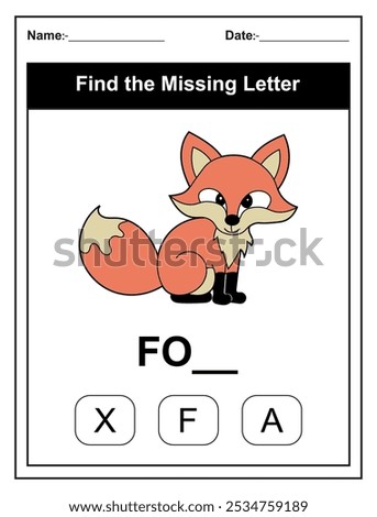 Children's worksheet with Find the Missing Letter game with a cut fox illustration. Kids fill in the missing letter from the word FOX using the provided options. Perfect for early learners.
