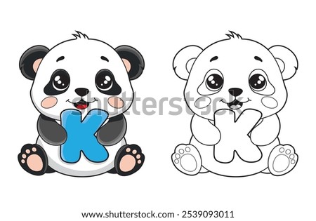 Learn the English alphabet and letters with a cute cartoon character. A printable kids' coloring page with a cute panda holding the letter K. Educational spelling coloring books for early learners.
