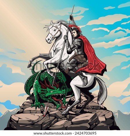 vector hand drawn st. george's day. Knight illustration with on horseback on the top of mountain. Fighting with dragon. Saint George and the Dragon.
