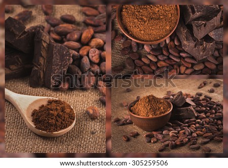 Collage. Cocoa beans and chocolate. Crude dark cocoa powder in a brown ceramic bowl, raw cocoa beans in the peel and raw chocolate on sacking close up, ingredients for preparing chocolate and sweets