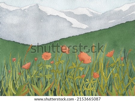 orange flowers meadow mountain landscape, watercolor illustration art