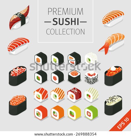 A vector set of Japanese food Icons - colorful sushi and rolls. Isometric food.