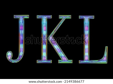 Holographic shiny alphabet letter J K L uppercase. Modern psychedelic typography isolated on black background Stock fotó © 