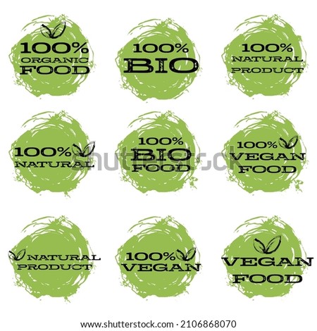 100% organic food, bio products, natural fruits and vegetables, vegan food stamp, badge, symbol, label or logo. Vector illustration in flat style.