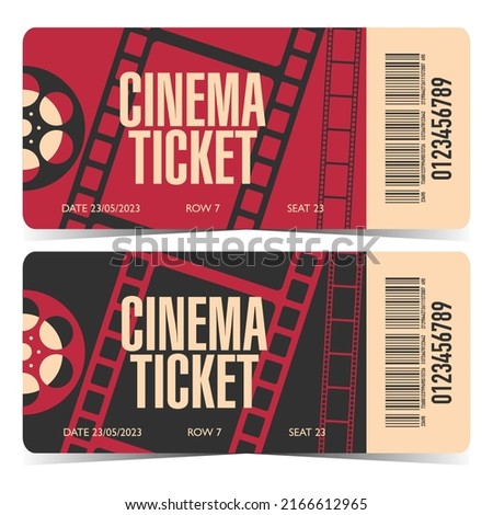 Horizontal cinema ticket with rounded corners, barcode and cinematographic film strip and film reel on red or black background. Movie session entrance coupon template design.