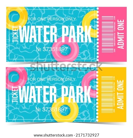 Water park or aqua park ticket design template. Vector illustration in flat style of aquapark entrance coupon with colourful inflatable swimming rings floating on the blue swimming pool water.