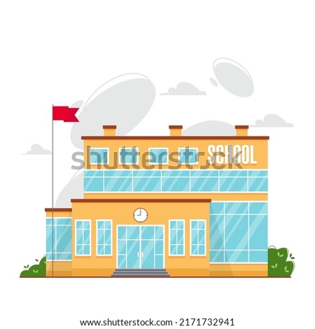 Modern school building front side or facade design concept. Vector illustration in flat style of school institution with inscription school and a clock on the facade, flag pole and waving red flag.