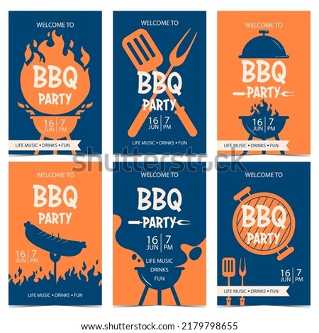 BBQ party banner or poster design template for outdoor cooking holiday or picnic. Barbecue party invitation or flyer in blue and orange colours with grill, flame, charcoal smoke, sausage on a fork.