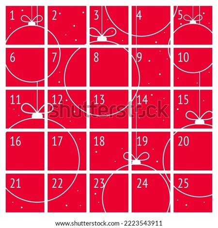 Christmas advent calendar in minimalist style with Christmas balls decorations on red background. Advent calendar with surprises for children to count days until winter holidays. Vector illustration.