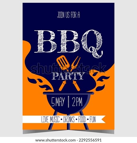 Barbecue party invitation poster with grill filled with flame and charcoal smoke, fork and turner spatula ready to grill, fry and roast the beef or pork steak during the bbq weekend outdoor picnic.