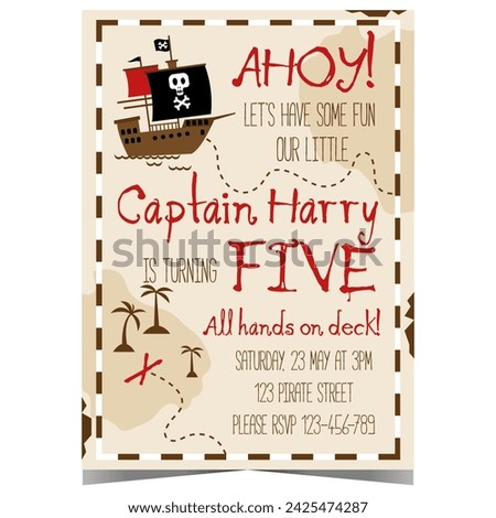 Pirate party invitation for children's birthday. Vector postcard, banner or poster with a pirate ship and Jolly Roger flag on parchment, inviting boys and girls to have fun with the captain at sea.