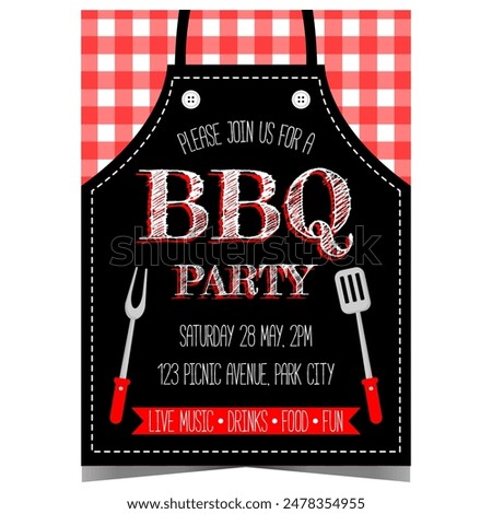 BBQ party invitation for birthday celebration or for a picnic, barbecue cooking, grilling and roasting beef steak, pork, chicken and sausages. Vector poster with an apron, fork and spatula.