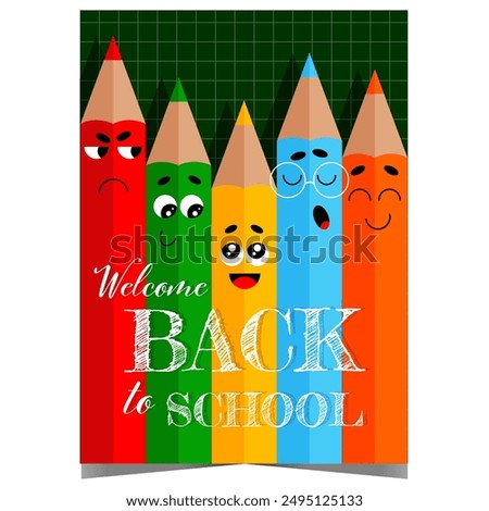 Coloured pencils characters inviting pupils back to school. Poster or banner for elementary or middle school to celebrate with students and teachers the beginning of the new school year.