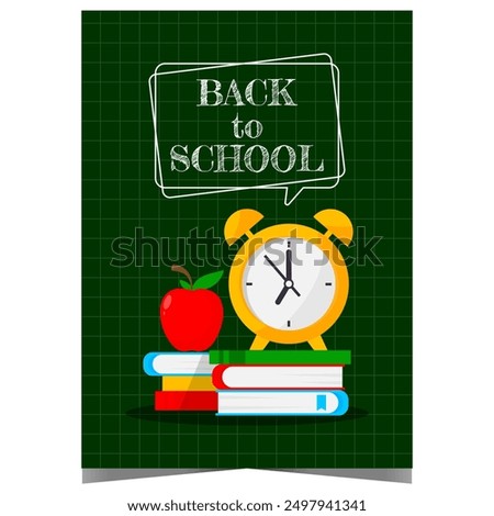 Back to school poster or banner with books, alarm clock and apple, symbol of knowledge, on a blackboard background. Invitation to celebrate the beginning of a new school year with pupils and teachers.