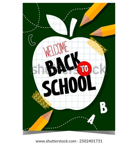 Welcome back to school poster with pencils, letters and apple cut from notebook paper. Invitation banner or flyer for pupils, students and teachers to celebrate the start of a new school year.