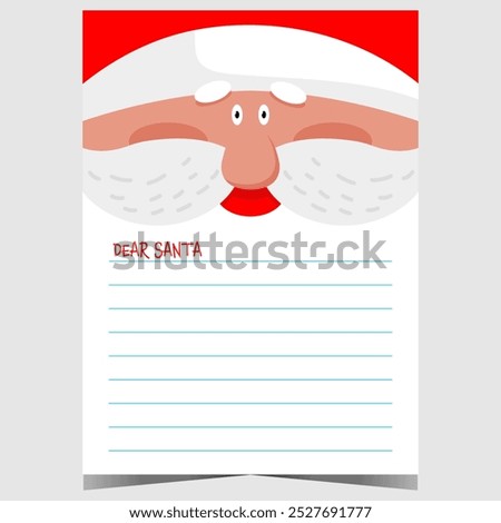 Christmas postcard for Santa or wish list blank template for filling by kids during winter holidays. Ready to print vector illustration with Santa Claus character and empty lines to complete.