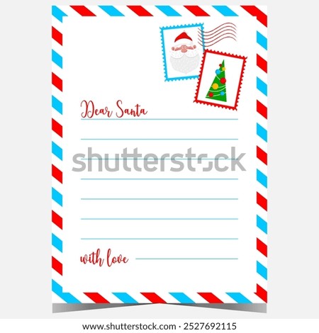 Christmas letter template with the words Dear Santa. Ready to print postcard or wish list with airmail border and empty lines for filling by children during winter holidays celebration.