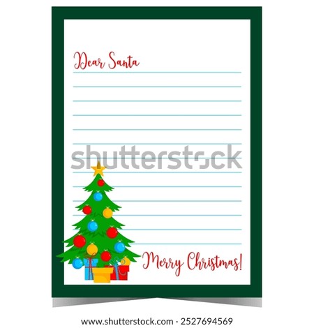 Christmas letter to Santa template with decorated Christmas tree and empty lines to fill out. Ready to print vector postcard for kids to fill out with wish list during winter holidays.