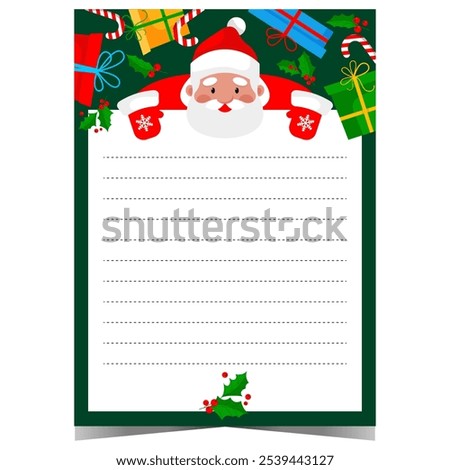 Christmas letter to Santa blank template with empty lines to complete by children. Christmas postcard with cute Santa Claus character and traditional decorations.