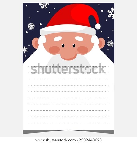 Christmas letter to Santa or wish list with empty lines to fill out by children during winter holidays. Christmas postcard with cute Santa Claus character.