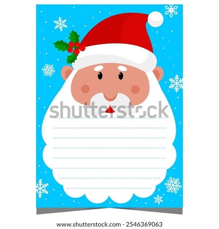 Christmas letter or postcard template with empty lines to complete on the beard of cute Santa character. Christmas wish list for kids to fill out during winter holidays and send it to North Pole.