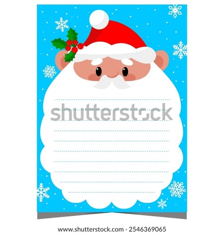 Christmas letter or postcard template to fill out with congratulation and wish list on empty lines on the beard of cute Santa Claus character. Document ready to print or for web.