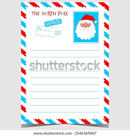 Christmas letter template with airmail border frame, empty lines to fill out and cute Santa character. Ready to print or for web postcard to complete by children to express wishes for presents.