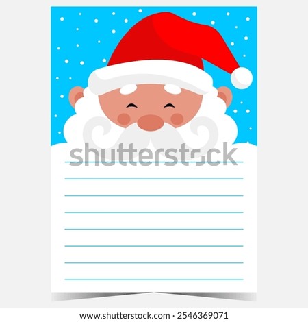 Christmas postcard blank template with empty lines to fill out on the beard of the funny character Santa Claus. Ready to print or for web Christmas letter or wish list for kids during winter holidays.