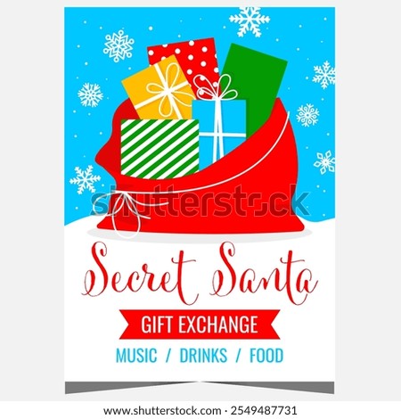 Secret Santa and gift exchange party poster or banner with Santa Claus's sack full of presents. Vector template for traditional and mysterious gift guessing ritual during Christmas and New Year.