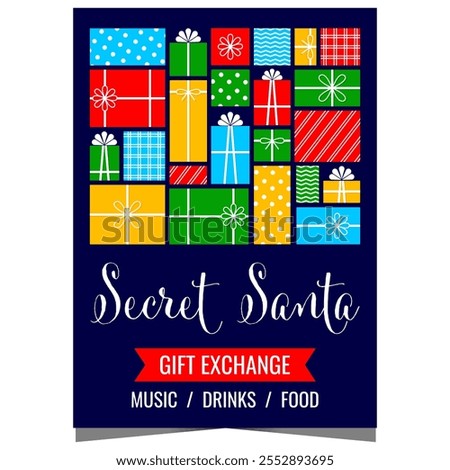 Christmas Secret Santa party and gift exchange invitation banner or poster with various present boxes on background. Ready for web or print publishing vector illustration.