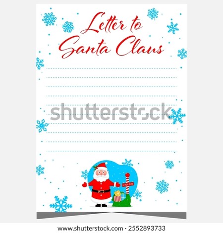 Christmas letter to Santa Claus with empty lines to fill out by kids during winter holidays. Vector blank template for Christmas wish list, congratulation postcard with cute Santa character.