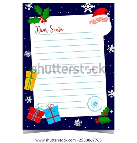 Christmas letter to Santa blank template with empty lines to fill out by kids during winter holidays. Vector document for wish list or Christmas postcard with congratulation message.