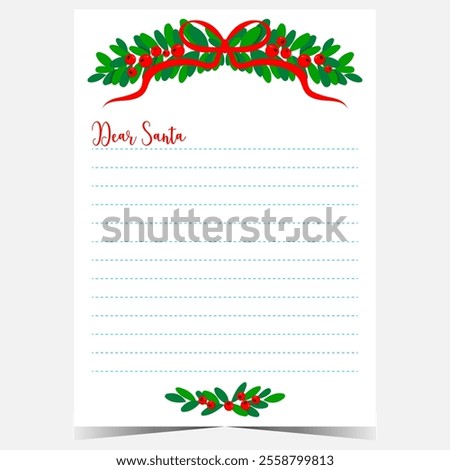 Christmas letter to Santa blank template in a minimalist style with empty lines to fill out by children during winter holidays. Ready for web or for printing Christmas postcard or wish list.