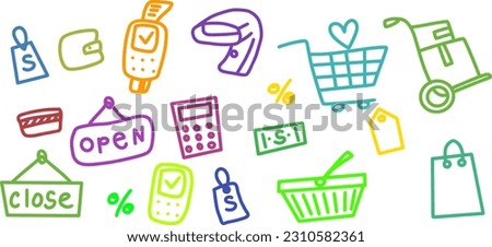 Illustration of vector set of online shopping.doodle-style isolated trading elements shopping cart, atm, credit card, interest black line on background for design template.cup, bag, calculator.