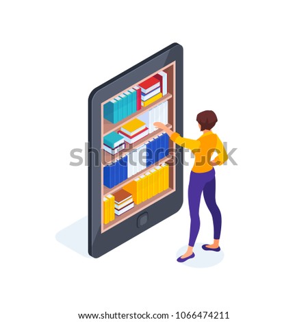 Isometric concept of electronic books. A young woman takes out a book from the bookshelves in the smartphone. 3d concept of online books. Vector illustration.