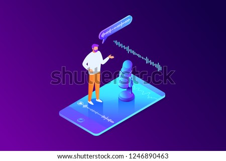Isometric concept of voice message recording, man using microphone on phone, character talk to smartphone, online interview, communication, 3d vector illustration
