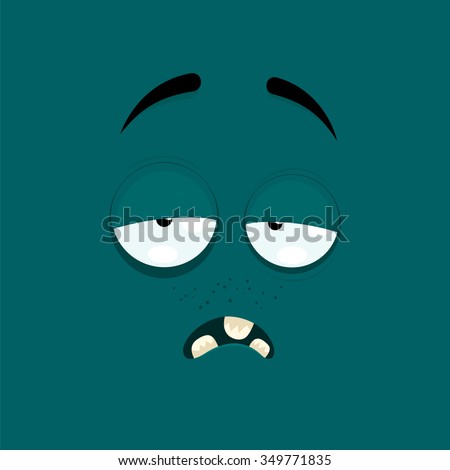 Cartoon face with a tired expression on dark green background.