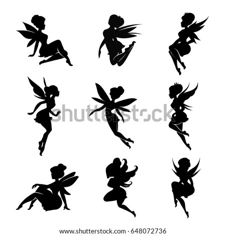 Set of silhouettes of fairies isolated on white background. Magical fairies in the cartoon style. Vector illustration.