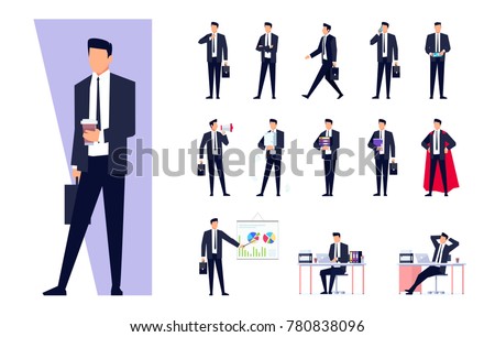 Set of business characters isolated on white background. Businessman in the workplace. Manager is busy different things, goes, stands, works on the pc, speaks on the phone. Vector illustration.