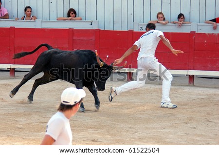 ARLES - JULY 9: Trainees of the school for Raseteur in Arles KÃ?Â©vin Gauthier  fights against a Camargue-bull in the arena on July 09, 2010 in Arles, Bouche du Rhone, France