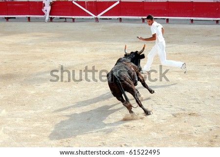 ARLES - JULY 9: Trainees of the school for Raseteur in Arles Kevin Gauthier  fights against a Camargue-bull in the arena on July 09, 2010 in Arles, Bouche du Rhone, France