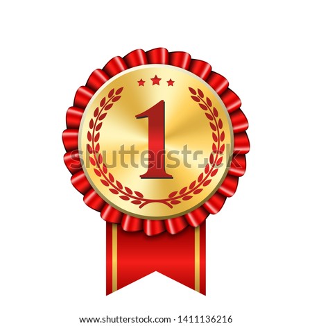 Award ribbon gold icon number first. Design winner golden red medal 1 prize. Symbol best trophy, 1st success champion, one sport competition honor, achievement leadership victory Vector illustration