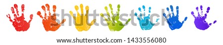 Hand rainbow print isolated on white background. Color child handprint. Creative paint hands prints. Happy childhood design. Artistic kids stamp, bright human fingers and palm Vector illustration