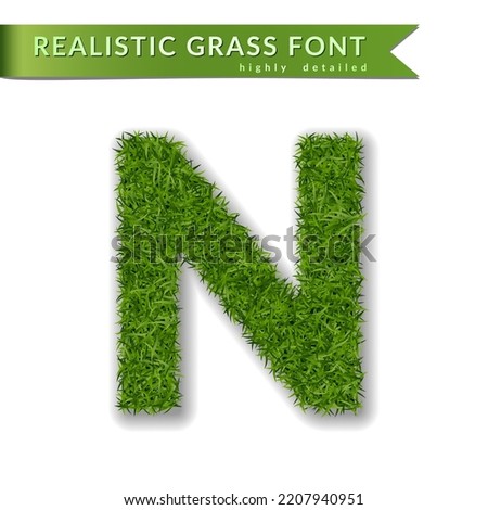 Grass letter N, alphabet 3D design. Capital letter text. Green font isolated white background, shadow. Symbol eco nature, environment, save the planet. Detailed lush plant meadow. Vector illustration Foto stock © 