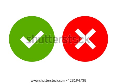 Tick and cross signs. Green checkmark OK and red X icons, isolated on white background. Simple marks graphic design. Circle shape symbols YES and NO button for vote, decision, web. Vector illustration