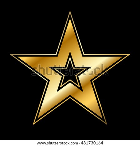 Gold american star sign. Golden bright icon isolated on black background. Elegance metal object. Metallic graphic. Design element for award, medal. Symbol holiday, christmas. Vector illustration
